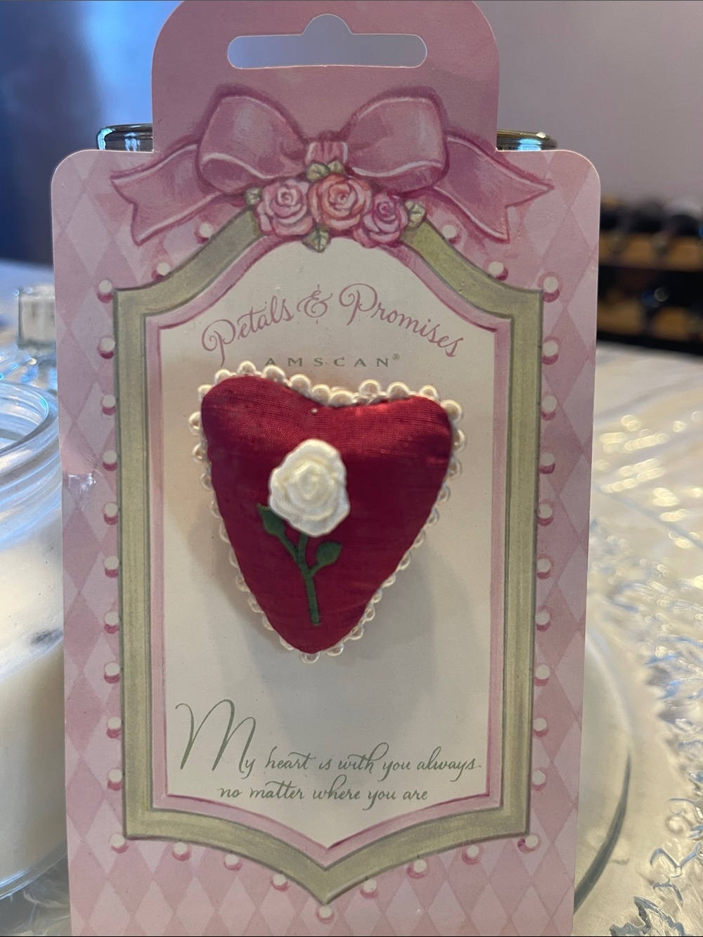 Vintage Amscan Red Heart Pin with White Rose